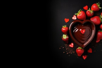 Strawberry dipped in chocolate fondue, Valentine's day and love concept, copy space