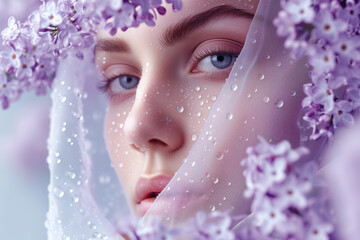 Beauty fashion model girl with lilac flowers hairstyle. Close-Up of Woman's Face. Luxury fashion...