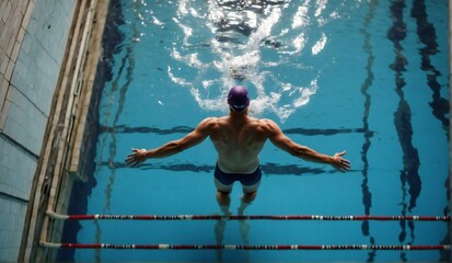 Aerial Top View Male Swimmer Swimming in Swimming Pool. Professional Determined Athlete Training for the Championship, using Butterfly Technique. Top View Shot