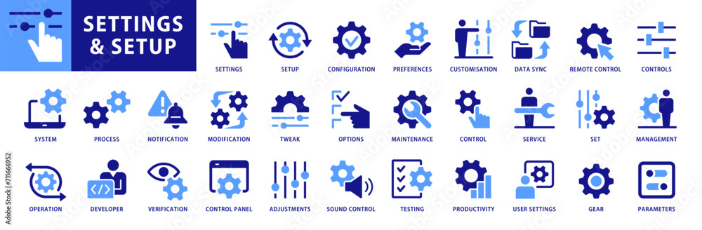 Wall mural setup and settings, vector icon set. management, options, configuration, controls, customization, pr