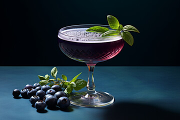 A deep blueberry and basil cocktail in a stylish coupe glass, against a rich indigo monochrome.