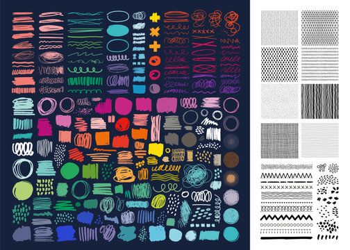 Charcoal pencil curly lines, squiggles and shapes set. Grunge pen scribbles. Hand drawn pencil lines, doodles. Bright color charcoal or chalk drawing. Vector rough crayon strokes. Ink color splatters