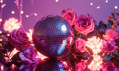 Romantic composition of disco ball and vase of roses on bright neon background. Disco party, retro 70s, 80s or 90s fashion. Contemporary style festive backdrop for card, banner, flyer