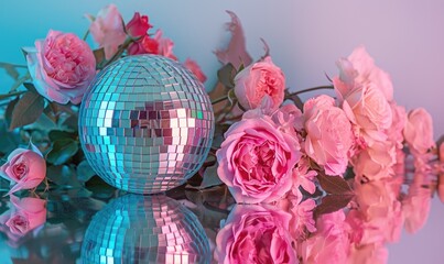 Romantic composition of disco ball and vase of roses on bright blue background. Disco party, retro 70s, 80s or 90s fashion. Contemporary style festive backdrop for card, banner, flyer
