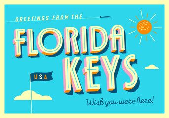 Greetings from Florida Keys, USA - Wish you were here! - Touristic Postcard. Vector Illustration. - obrazy, fototapety, plakaty