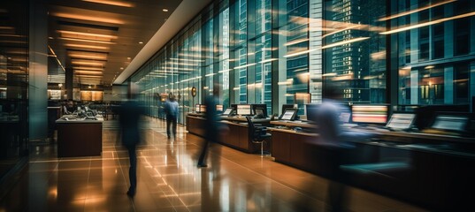 Blurred bokeh effect in a busy banking hall with teller windows and customer interactions.