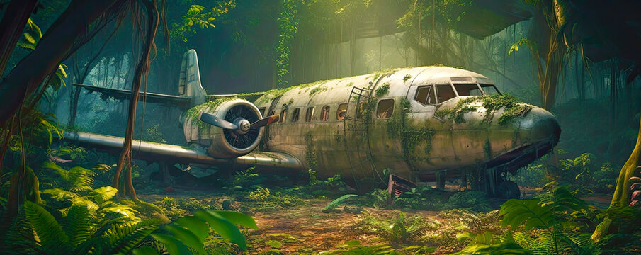 Abandoned plane wreck in tropical jungle covered with moss. Postproducted generative AI illustration.
