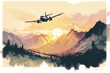 plane fly at sunset in mountains