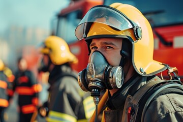 Naklejka premium Portrait of happy fireman team with gas mask and helmet near fire engine