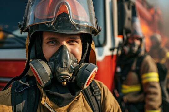 Portrait of happy fireman team with gas mask and helmet near fire engine