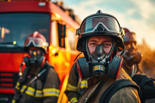 Portrait of happy fireman team with gas mask and helmet near fire engine