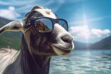 goat with swimming goggles - obrazy, fototapety, plakaty