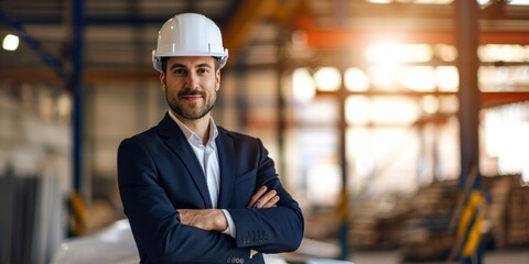 Fototapeta na wymiar Smart and handsome model engineer or businessman in suit wearing a hardhat standing across arm in front of the office