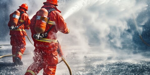Firemen wearing firefighter suits for safety using water and extinguishers to fight fire flames in an emergency - obrazy, fototapety, plakaty
