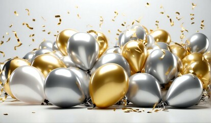 Shiny gold and silver color balloons with helium on white background. Concept of happy birthday, new year, party, wedding, valentine, happiness, joy, festival, holiday promotion banner