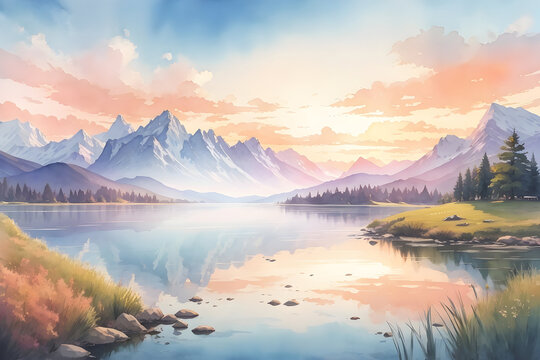 Watercolor painting landscape - captivating landscape of mountains and lake with a sunset sky. Abstract colorful illustration. Generative AI.