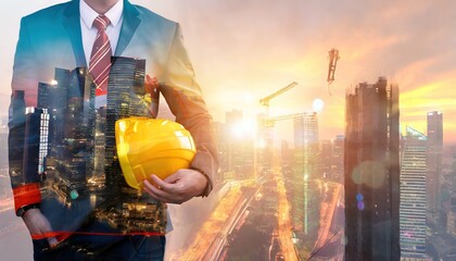 Double exposure image of construction worker holding safety helmet and construction drawing against the background of surreal construction site in the city.ai generated