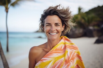 Medium shot portrait photography of a pleased, woman in his 40s that is wearing a bold beach towel against a popular beach hotspot background