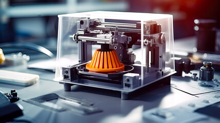 Rapid prototyping on 3d printer on office desk. Postproducted generative AI illustration.