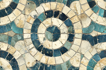 Blue and cream vintage mosaic tile design - obrazy, fototapety, plakaty