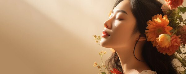 Young Asian woman with flowers on beige background.