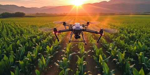 Naklejka premium Aerial view of drone flying to spray fertilizer on corn fields, mountains is background,