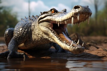 Small crocodile with open mouth.