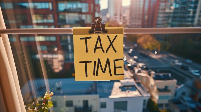 Sticky note with "TAX TIME" placed on a desk in a home office with a view of a cityscape generative ai