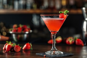 A strawberry cocktail at the cocktail bar, a red light and an expression of an atmospheric drink. generative ai
