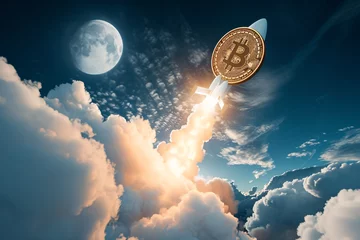 Fotobehang Bitcoin coin on a rocket trajectory towards the moon in a cloudy sky © alexandr