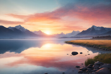 Watercolor painting landscape - captivating landscape of mountains and lake with a sunset sky. Abstract colorful illustration. Generative AI.