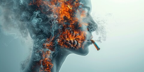 People smoke dangerous cigarettes and fire entering their heads. concept of no smoking
