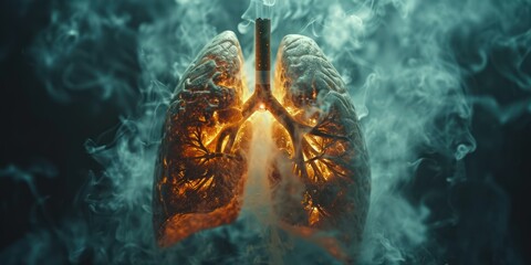 People smoke dangerous cigarettes and have smoke and fire enter their lungs. Concept of no smoking - obrazy, fototapety, plakaty