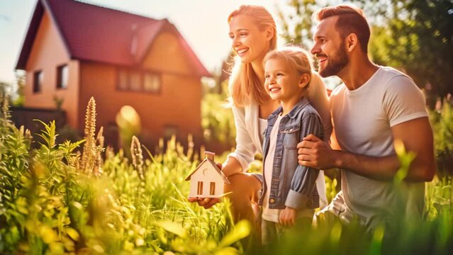 Happy family outdoors holding house model and dreaming of building or buying a new home. Mortgage loan, own real estate concept