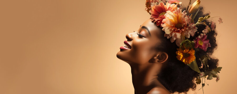 A young smiling African-American woman with flowers in her hair on a beige background. A banner with a place to copy.