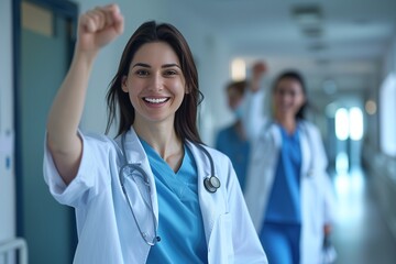 A portrait Doctor and Nurse raises hand in joy, in white hospital background 