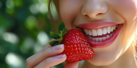 Crop Image, Beautiful lips and teeth of a woman biting, eating strawberry - obrazy, fototapety, plakaty