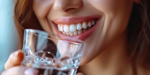 Beautiful lips and teeth of a cute young girl drinking clear water in a glass