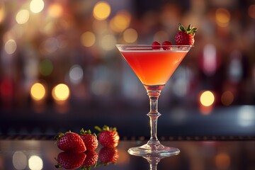 A strawberry cocktail at the cocktail bar, a red light and an expression of an atmospheric drink. generative ai
