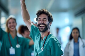 Fototapeta premium A portrait Doctor and Nurse raises hand in joy, in white hospital background 