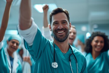 A portrait Doctor and Nurse raises hand in joy, in white hospital background 