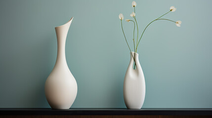 Two vases with white flowers on the shelf against the wall.