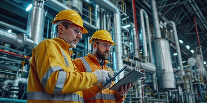 Engineers use notbook computers checking spece in an industrial plant for the production and processing of crude oil