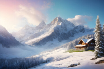 Watercolor painting landscape - snow-capped peaks and pine forests in the morning light. Abstract colorful illustration. Generative AI.