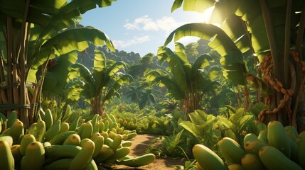 A hyper-realistic banana plantation in the morning light, showcasing the lush, broad leaves and clusters of ripening bananas in their natural environment - Generative AI - obrazy, fototapety, plakaty