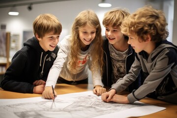 The hyper realistic picture three to four Czech children, aged between 11 and 15, engaged in an intense and enthusiastic discussion about a project. Their eyes sparkle with excitement,