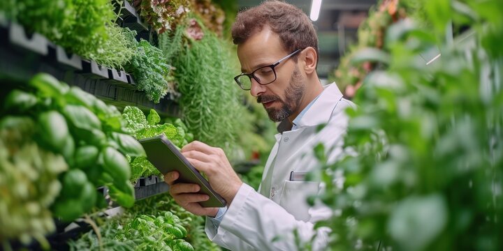 Male Bioengineer Examining Crops on Modern Vertical Farm With Tablet Computer Grows Organic Food or Plants In High-Tech Greenhouse