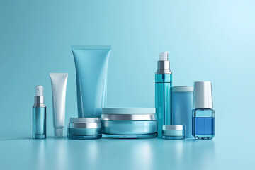 Set of luxury cosmetic products on light blue background. Multi-colored bottles with perfume. On a light blue background. Cosmetics.