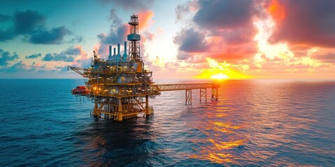 Obraz premium Offshore oil and gas processing platform at sunset, exploration and petroleum production industry at sea