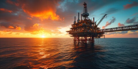 Fototapeta premium Offshore oil and gas processing platform at sunset, exploration and petroleum production industry at sea
